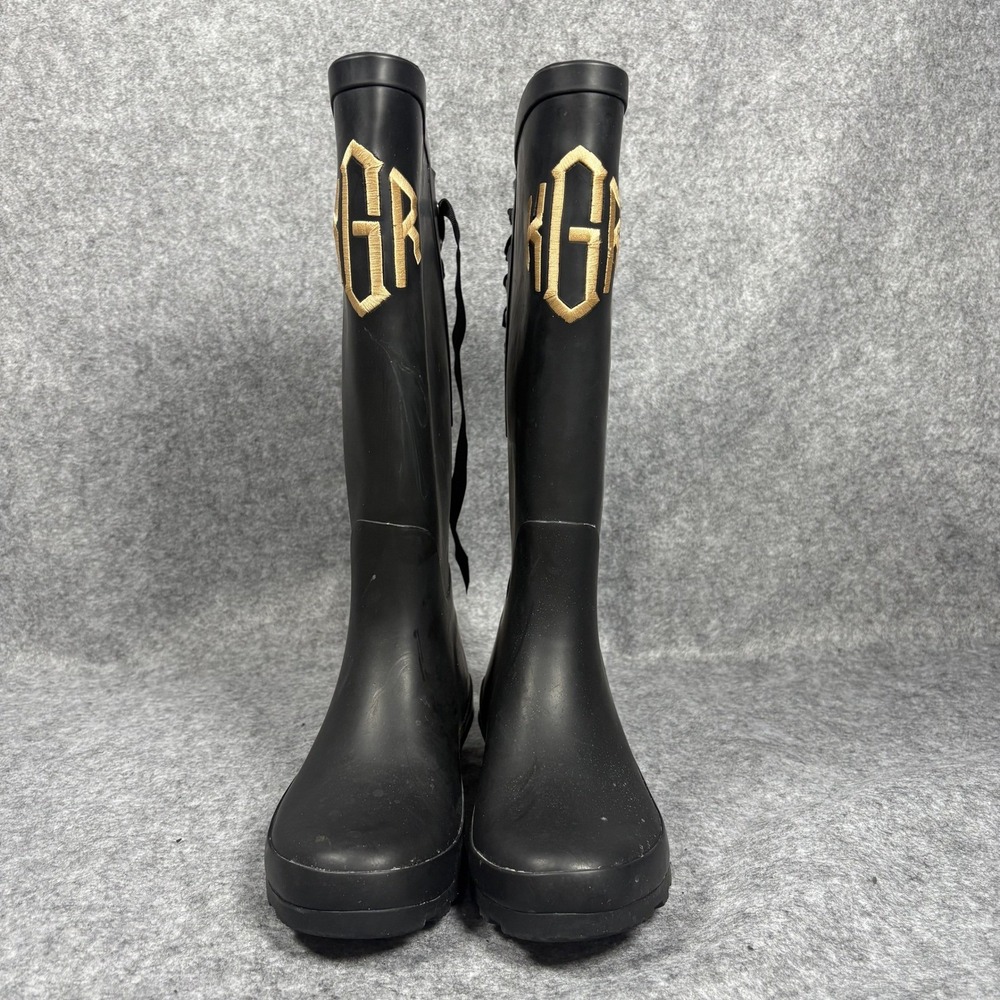 Marleylilly Blackโ Monogram KGR Ribbon Back Rain Boots Womens Size 7 Waterproof